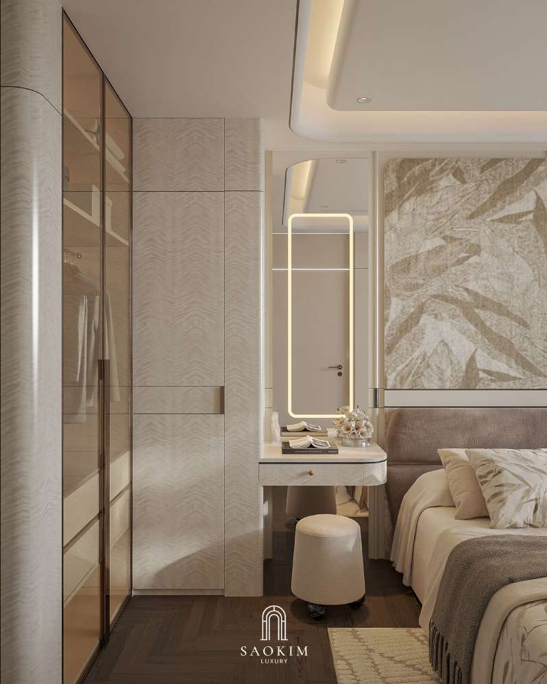 Không gian nội thất phòng ngủ sang trọng trong thiết kế nội thất chung cư cao cấp Lumière Evergreen phong cách Quiet Luxury
